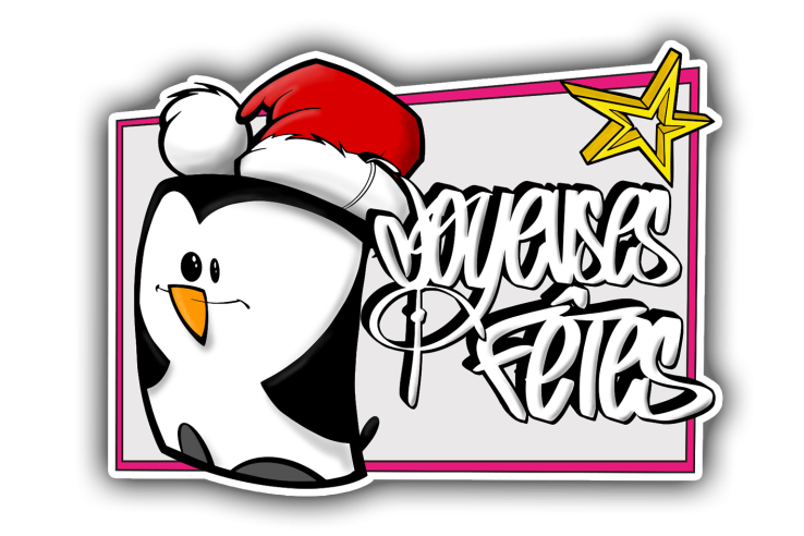 Sticker composition rectangle blanc joyeuses fêtes pingouin