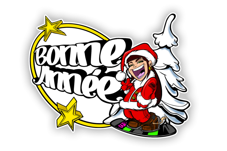 Sticker composition ovale blanc bonne année surfeuse