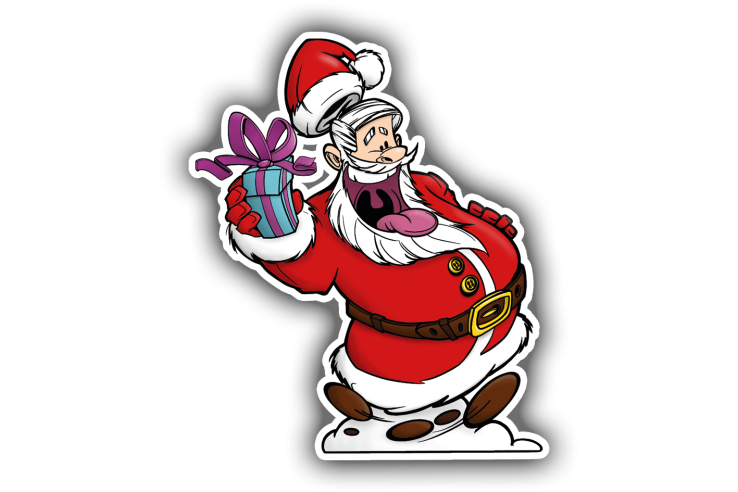 Sticker Père Noël pressé avec son cadeau